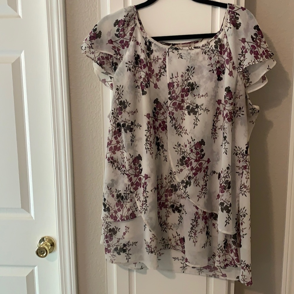 Purple and off-white flowy blouse